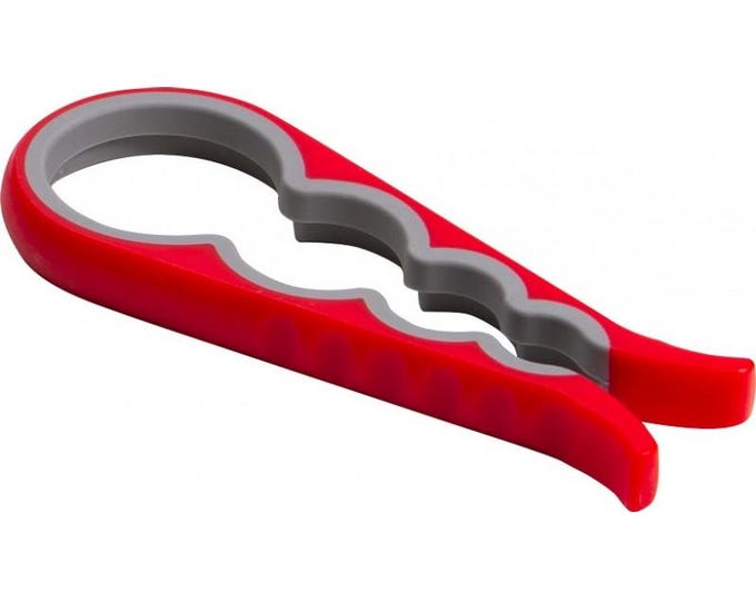 Red and grey ergonomic jar opener, compact and robust, ideal for easily opening all your jars. Practical, modern, resistant