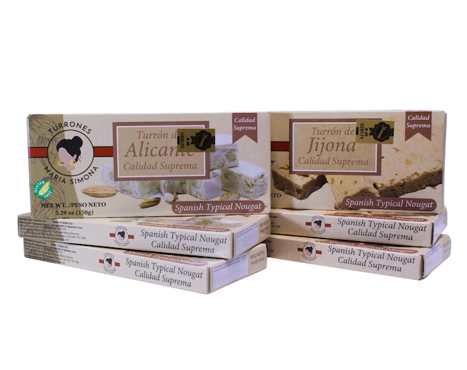 Turron Mix Pack: Alicante, Jijona, toasted almonds, organic hazelnuts. Gourmet gift box, traditional sweet nougat