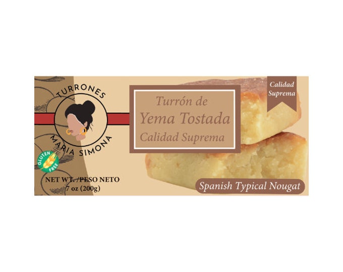 Turron with Catalan Cream, toasted egg yolk and ground almonds. Gourmet gift, traditional sweet nougat. Maria Simona.