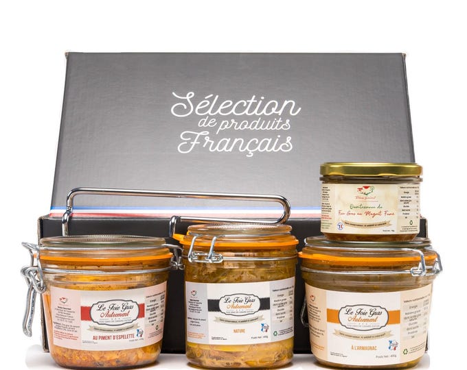 Coffret Saveurs : Foie gras nature, piment d’Espelette, Armagnac & magret fumé. Production française sans conservateurs, idéal cadeau