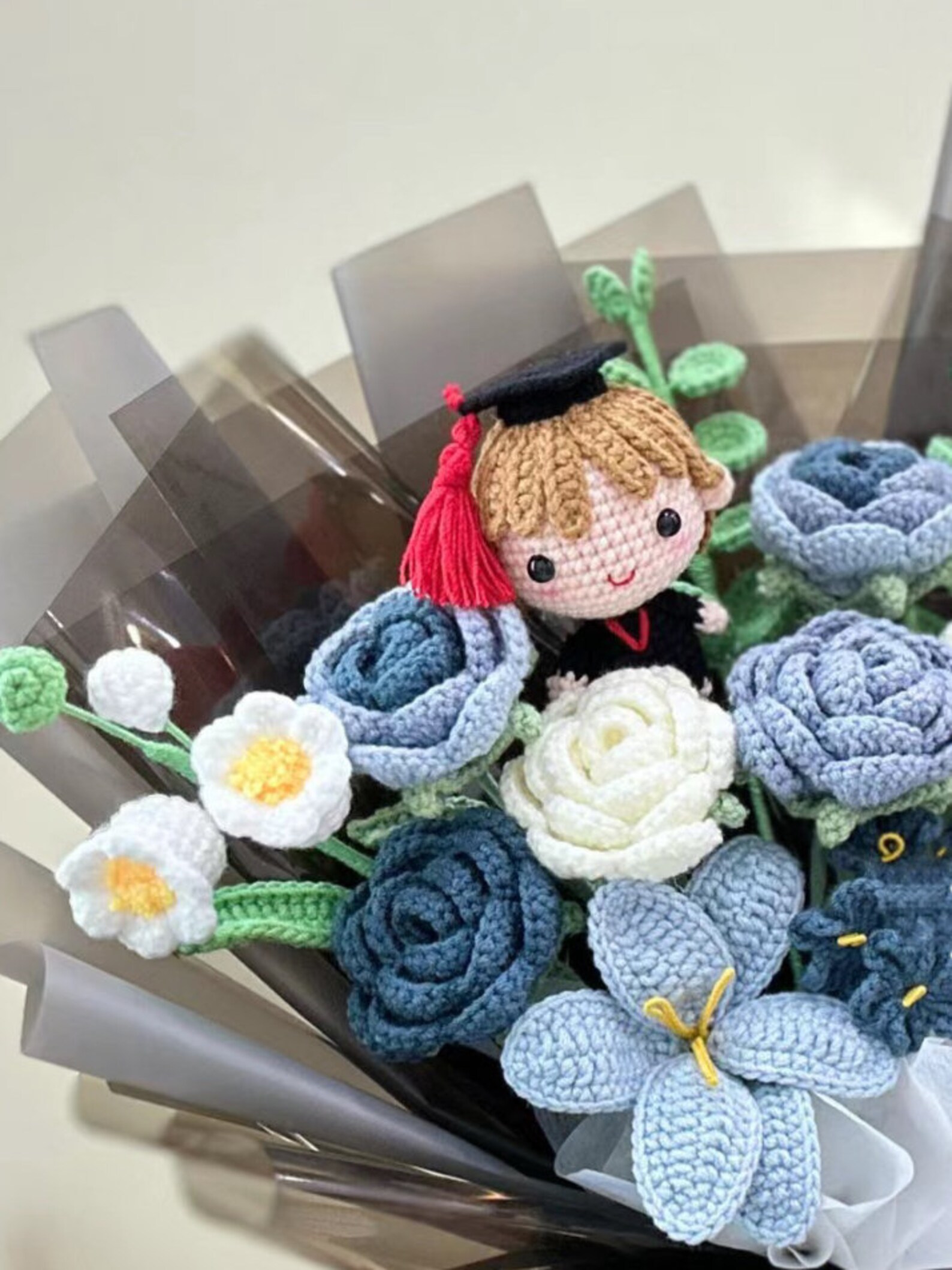 Handmade Crochet Flowers Bouquet Plush Graduations Navy Etsy