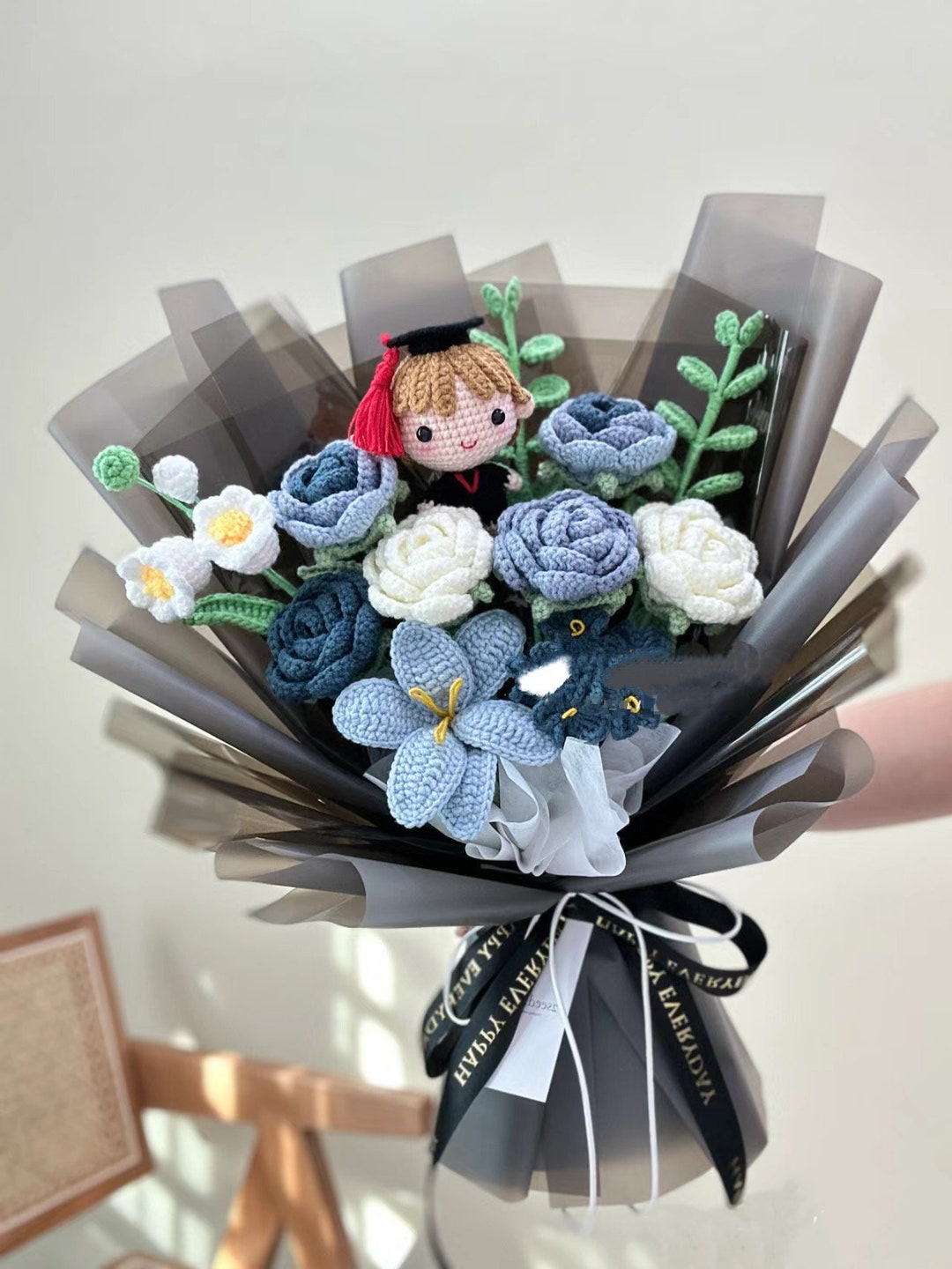Handmade Crochet Flowers Bouquet, Plush Graduations , Navy Flower