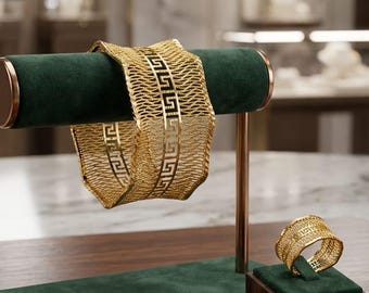 24K Gold Plated Greek Pattern Jewelry Set, Adjustable Cuff Bracelet and Ring Set, Wedding Bridal Jewelry, Filigree Statement Bracelet