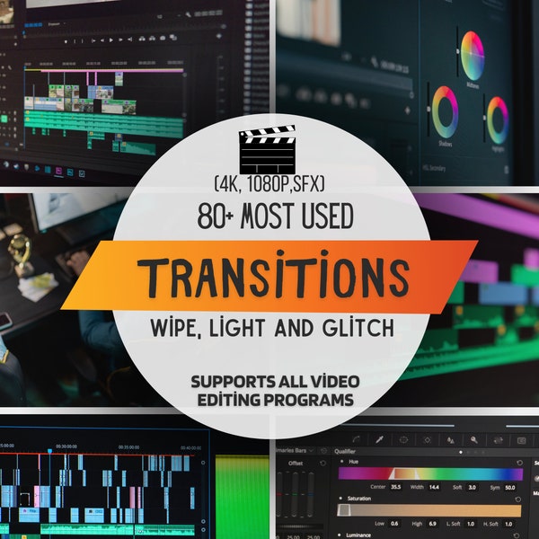 Transitions vidéo, transitions Wipe, Light and Glitch mp4, plus de 80 pièces prenant en charge toutes les plates-formes (4K, 1080p, SFX) Numérique, Premiere Pro, Capcut +