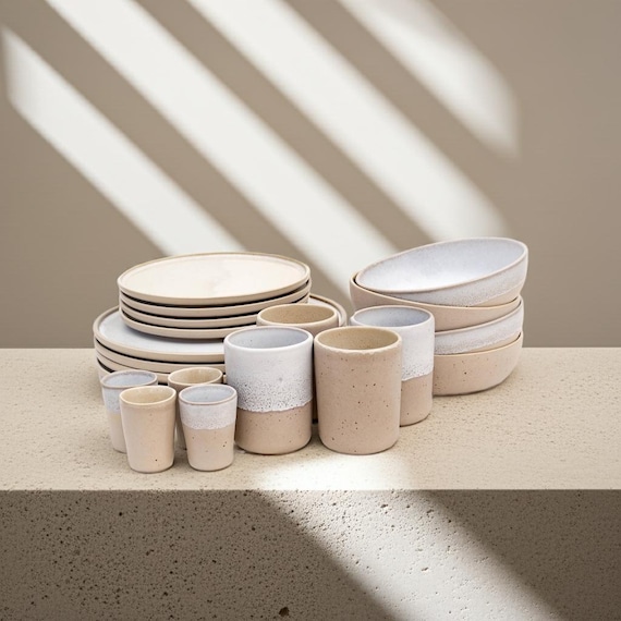 Steingut Geschirr Komplett Set Mixed - Granit Grau & Cappuccino Beige