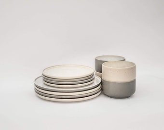 Lunch Set Mixed - Granite Grey & Cappuccino Beige, Stoneware, Plate, Bowl, Handmade