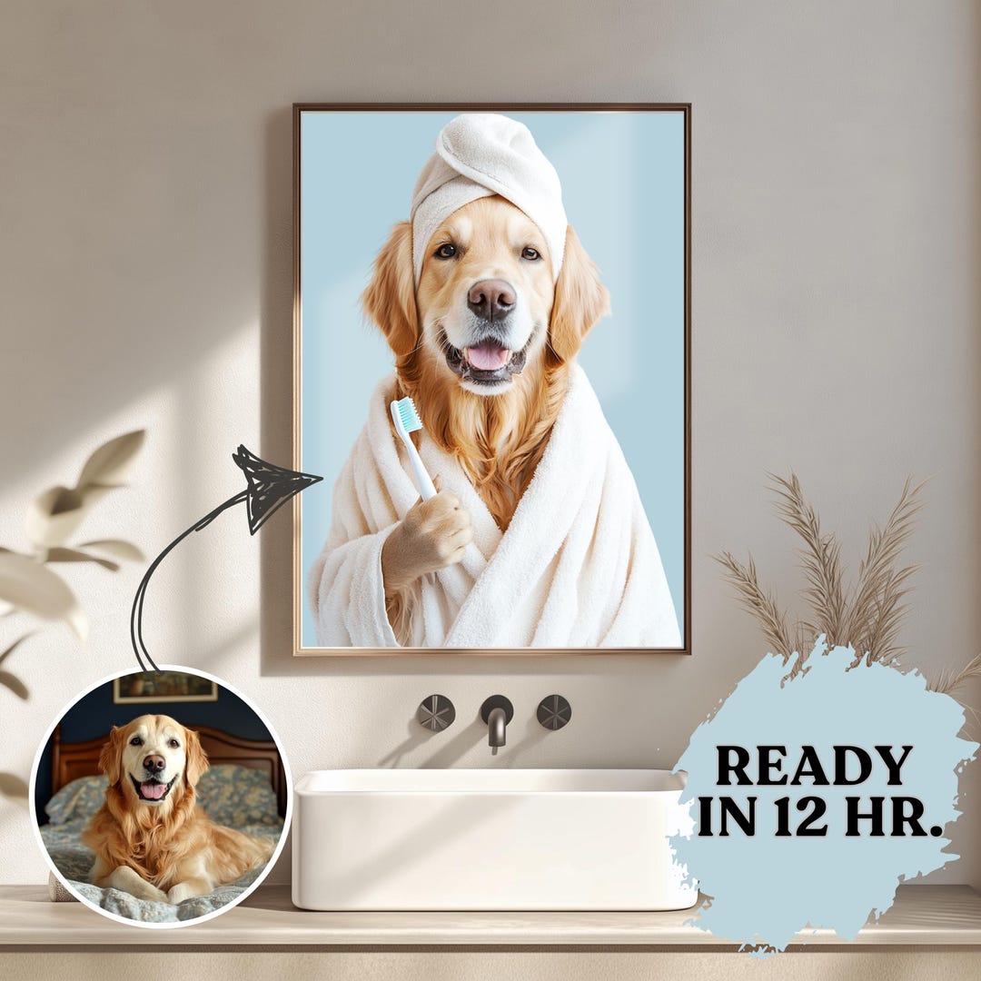 View of Custom Dog in Bathtub, Custom Dog Bathroom Art Toilet, Dog Bathroom Art ...