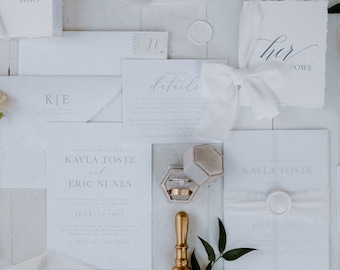 May include: Wedding invitation suite with white paper, calligraphy, and a gold wax seal. The invitation includes the couple's names, "Kayla Tostle & Eric Nunes", and the text "details" and "their vows".