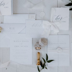 May include: Wedding invitation suite with white paper, calligraphy, and a gold wax seal. The invitation includes the couple's names, "Kayla Tostle & Eric Nunes", and the text "details" and "their vows".