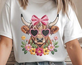 Namaakborduurwerk bloemen Highland Cow PNG: boho cowgirl-sublimatieontwerp (digitale download)