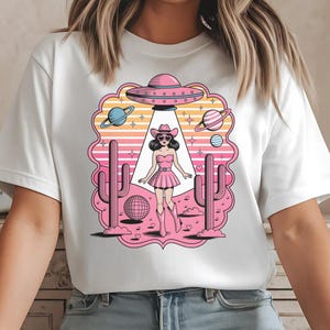 Pink Cosmic Cowgirl PNG Clipart: Retro Western UFO Design (Digital Download)
