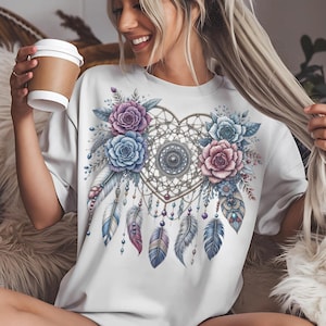 Apanhador de sonhos em forma de coração Boho com penas e flores - PNG Clipart Design - Retro Cute Western PNG - Sublimação Download instantâneo