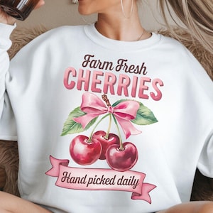Cerises fraîches de la ferme cueillies à la main tous les jours - Design PNG élégant coquette noeud rose - sublimation téléchargement immédiat