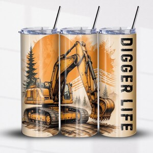 May include: Three stainless steel tumblers with a yellow excavator design and the text "Digger Life" on one of the tumblers. The tumblers have a white background with a sunset orange and yellow design.