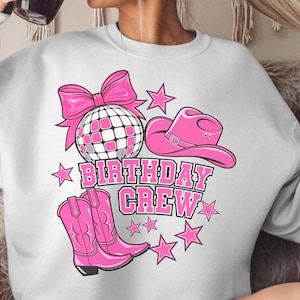 Pinke Western Disco Geburtstag Crew PNG mit Disco Ball, Cowboystiefel und Hut - PNG Design - Sublimation Sofort Download