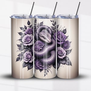 Design vintage de embrulho de copo com cobra roxa e rosas - Arquivo PNG digital - Perfeito para o Halloween