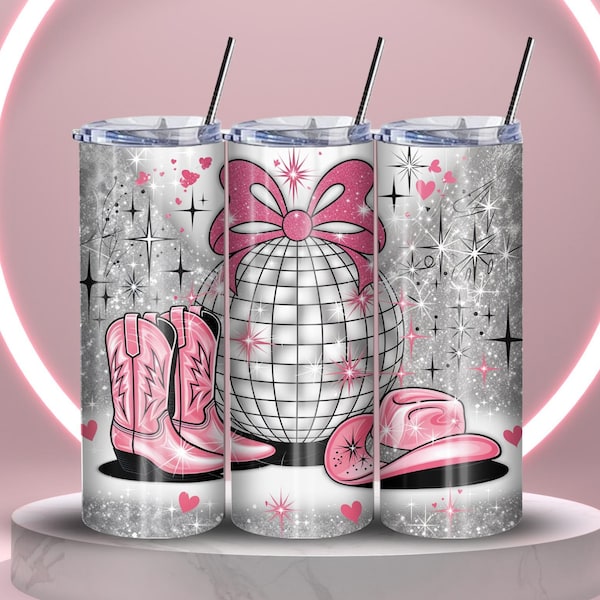 Cowgirl Disco Ball Tumbler Wrap: Western Pink Bow Design (PNG Digital Download)