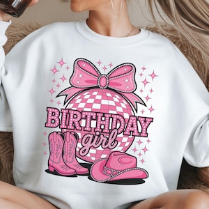 Anniversaire fille disco western rose BCBG PNG avec boule disco, bottes de cowboy et chapeau - PNG Clipart Design - téléchargement immédiat par sublimation