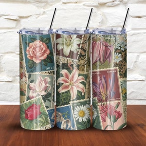 Kwiatowe, zabytkowe znaczki pocztowe, kolaż - Scrapbook Ephemera Tumbler Wrap PNG - 20 oz Skinny Tumbler Sublimacja