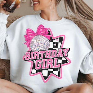 Anniversaire fille disco rose rétro PNG avec boule disco - Conception des cliparts PNG - téléchargement immédiat par sublimation