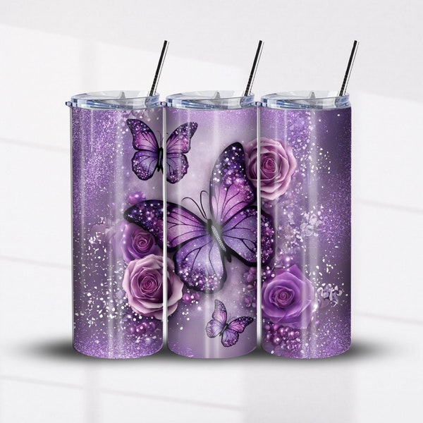 Purple Butterfly Tumbler Wrap - Sparkling Butterfly and Roses Sublimation Design - Instant PNG Download - Gift for Her