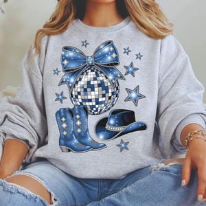 Conception de cow-girl en denim western preppy et losanges avec bottes, chapeau de cowboy, boule disco et noeud - conception PNG - téléchargement immédiat par sublimation