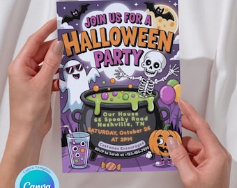 May include: A Halloween party invitation with a purple background. The invitation features a skeleton, ghost, and pumpkin, with the text "Join Us For A Halloween Party". The invitation includes the date, time, and location.