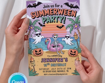 Summerween Party Invitation Template: Halloween Birthday Pool Party (Canva, Digital Download 5x7 in)