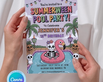 Summerween Pool Party Invitation Template: Editable Canva Design (5x7 in, Digital Download)