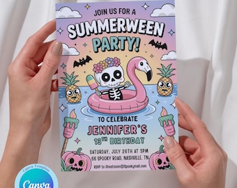 Summerween Party Invitation Template: Halloween Birthday Pool Party (Canva, Digital Download 5x7 in