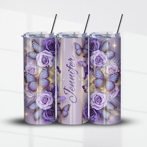 May include: Three stainless steel tumblers with a purple and gold design featuring butterflies and roses. The middle tumbler has the name "Jennifer" written on it.