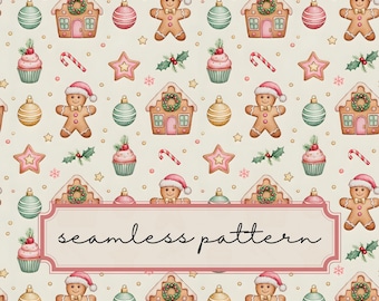 May include: A seamless Christmas pattern featuring gingerbread men wearing Santa hats, gingerbread houses, cupcakes, ornaments, candy canes, and stars. The text "seamless pattern" is displayed on a banner.