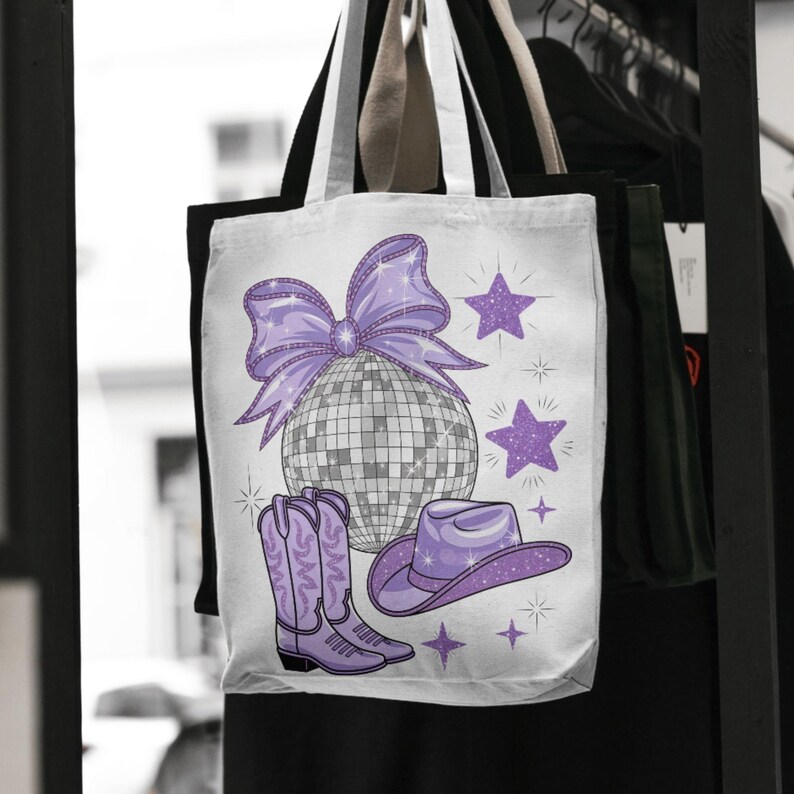 May include: A white tote bag with a purple disco ball, a purple bow, purple cowboy boots, and a purple cowboy hat with stars.