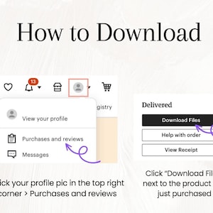 May include: A screenshot of a computer screen showing instructions on how to download digital files from an online store. The instructions show how to click on the profile icon in the top right corner, then click on "Purchases and reviews". The instructions also show how to click on the "Download Files" button next to the product you just purchased.