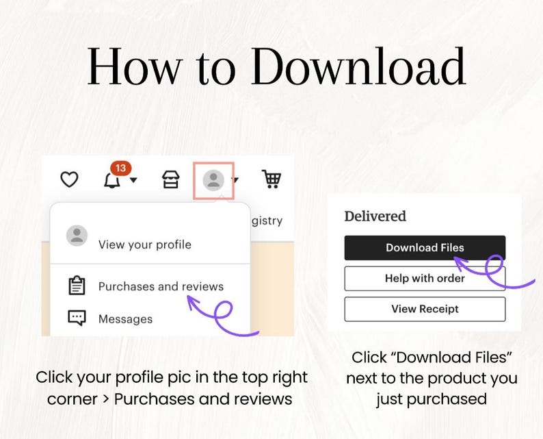 May include: A screenshot of a computer screen showing instructions on how to download digital files from an online store. The instructions show how to click on the profile icon in the top right corner, then click on "Purchases and reviews". The instructions also show how to click on the "Download Files" button next to the product you just purchased.