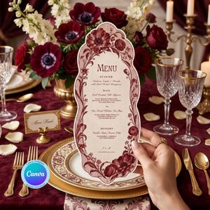May include: A die-cut menu card with a scalloped edge, featuring a cream-colored center and a deep red floral border with striped accents. The text includes sections for Starter, Main, and Dessert, with the date September 20, 2024, at the bottom.
