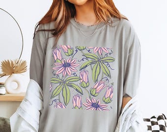 押し花シャツ ボヘミアンシャツ ワイルドフラワーシャツ ボタニカルシャツ コテージコアシャツ フローラルシャツ ガーデンシャツ プラントレディシャツ