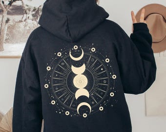 Felpa con cappuccio celeste Felpa con cappuccio fase lunare Felpa celeste Felpa con cappuccio fasi lunari Dark Academia Felpa con cappuccio strega Maglietta spirituale Abbigliamento Dark Academia