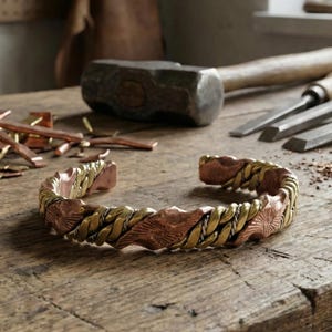 SÓL | Hand Stamped Copper Sunburst Cuff | Mixed Metal Viking Bracelet