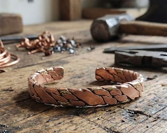 The Crucible | Solid Copper Cuff Bracelet | Woven Brass Accented Armband , Rustic Mens Jewelry