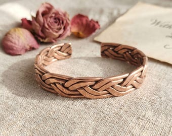 SPARTA — Heavy Braided Pure Copper Mens Bracelet, Forged Rustic Cuff, 7th Anniversary Gift