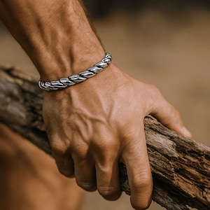 OMEN | Stainless Steel Cuff Bracelet – Hand-Forged Viking Bangle, Adjustable Heavyweight Design