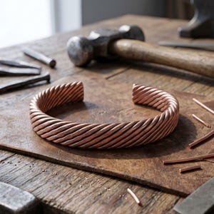 May include: A copper cuff bracelet with a twisted rope design. The open-ended bracelet is on a wooden surface with a hammer and other tools in the background. The bracelet is a warm, reddish-brown colour.
