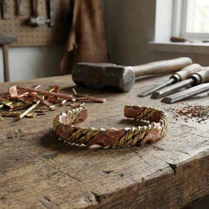 SÓL | Hand Stamped Copper Sunburst Cuff | Mixed Metal Viking Bracelet