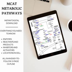 May include: A digital download of a two-page outline for the MCAT exam, covering metabolic pathways. The outline includes information on enzymes, reactants, products, inhibitors, activators, and locations in the cell.  The outline is presented in an easy-to-follow format.