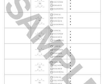 Könnte beinhalten: Ein leeres Formular für die Bewerbung an einer medizinischen Fakultät mit einer Tabelle, in der die Rolle, die Daten, die Art der Erfahrung und die Verantwortlichkeiten für jeden Eintrag aufgeführt sind. Das Formular dient dazu, klinische, ehrenamtliche, Forschungs- und Hospitationserfahrungen zu erfassen.
