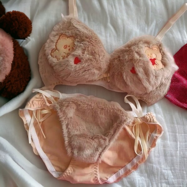 Perfect cadeau voor vriendin deze winter, comfortabele en pluizige teddybeer bh-panty lingerieset met borduurwerk, schattig teddyborduurwerk