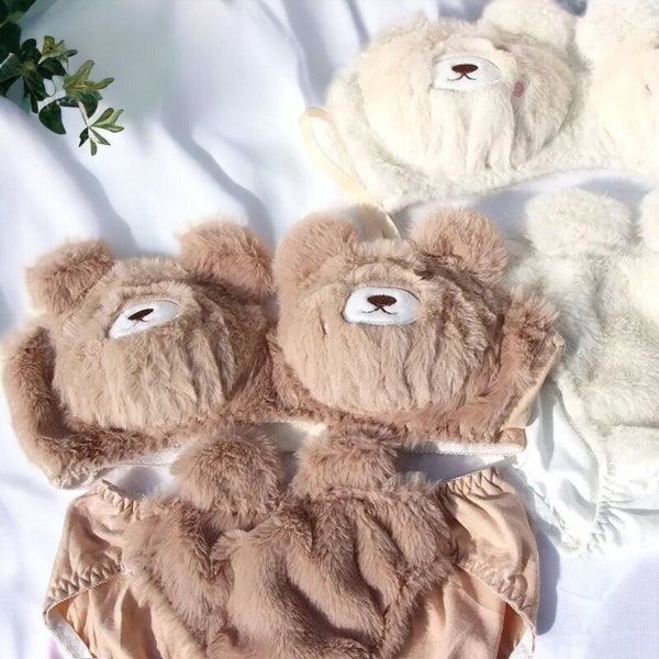 Winter Bra Panty Lingerie Set, Perfect Gift, Cute Teddy Embroidery Fluffy and Warm, Comfortable to wear, Gift this Winter