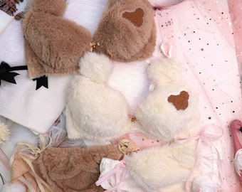 Womens Bra And Panty Set Back With Cute Bear Embroidery, Fluffy