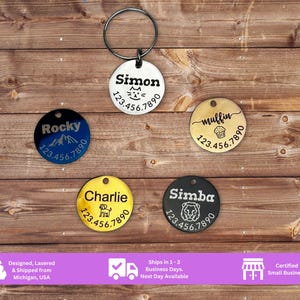 Personalized Pet Tag ID | Custom Engraved ID Tag with QR Code | Detail Pet Profile | Cat Tag | Dog Tag | Dark Engraved Stainless Steel Tag